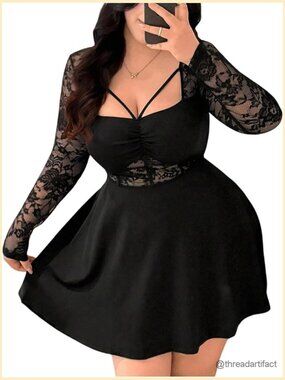 Plus Size Lace Mini Dress Long Sleeve Ruched Bust Gothic Party Night Out